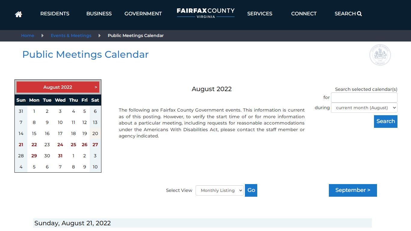 Public Meetings Calendar - Fairfax County, Virginia